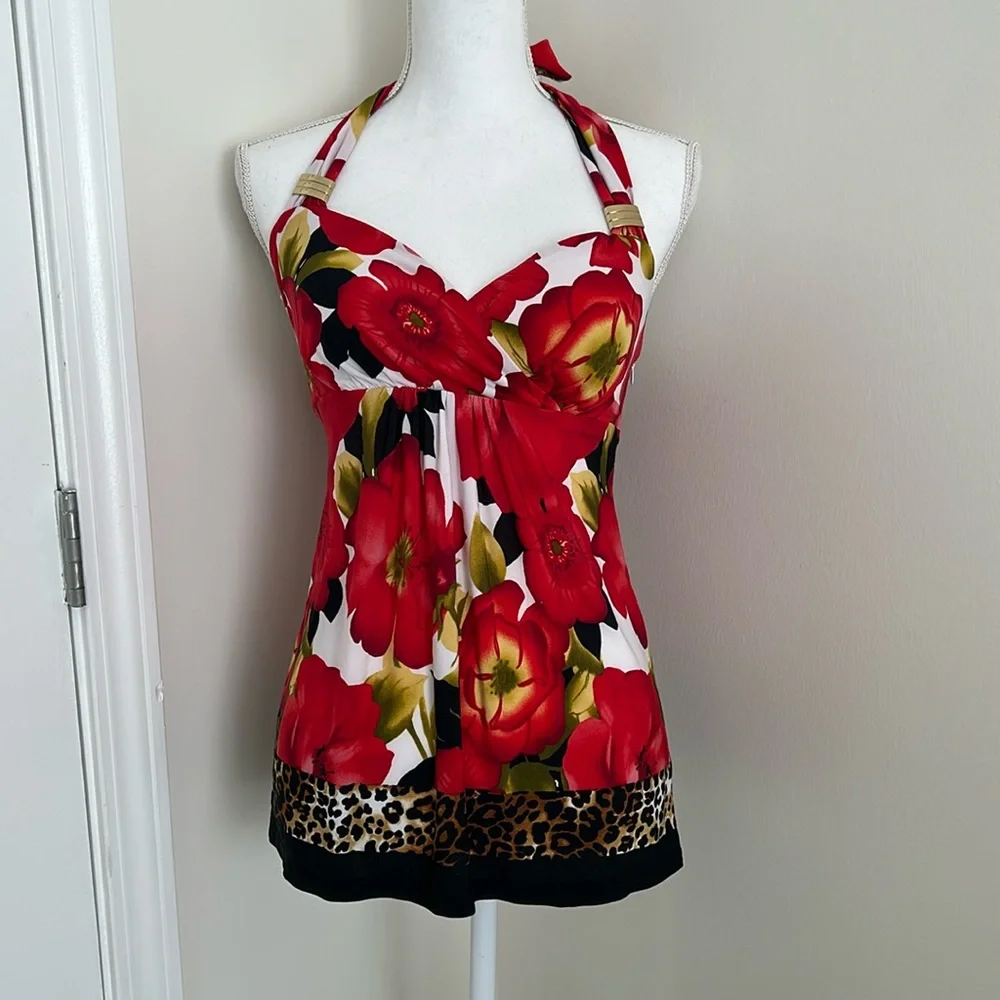 Cache Floral Animal Print Y2K Babydoll Halter Top 
Size: Small - Picture 2 of 13
